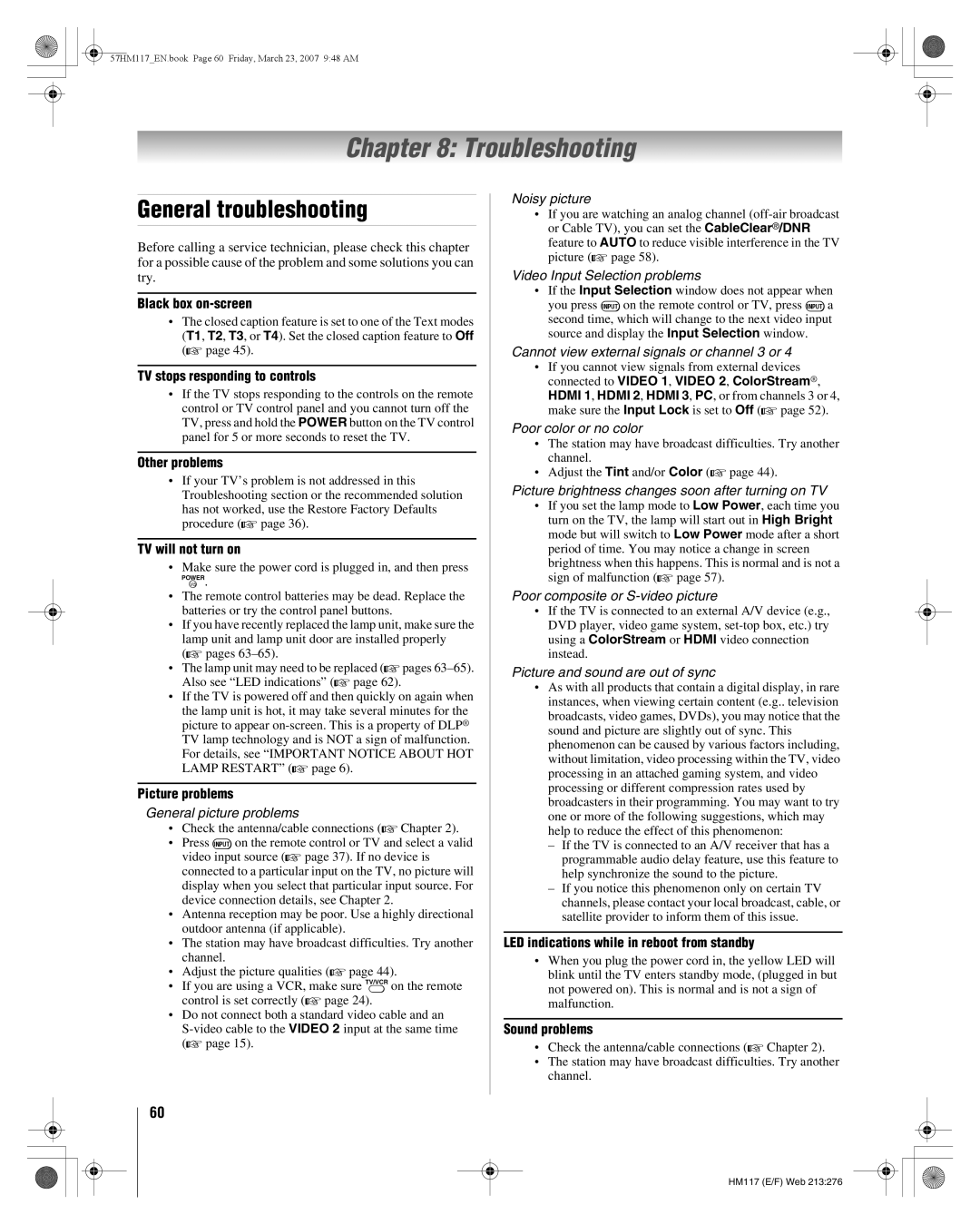 Toshiba 65HM117, 57HM117 manual Troubleshooting, General troubleshooting 