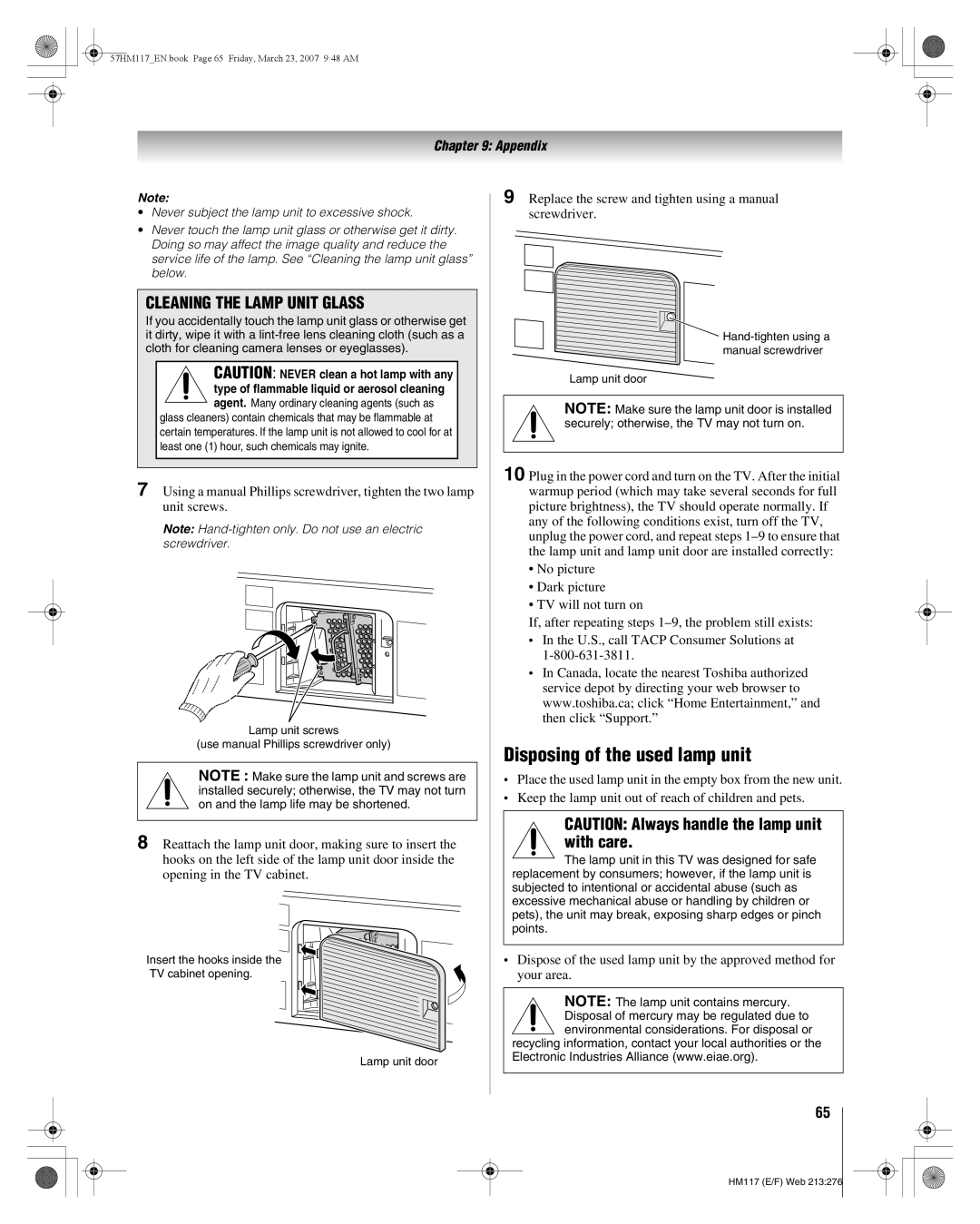 Toshiba 57HM117, 65HM117 Disposing of the used lamp unit, Replace the screw and tighten using a manual screwdriver 