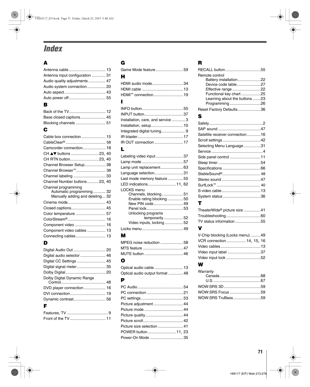 Toshiba 57HM117, 65HM117 manual Index, Programming 