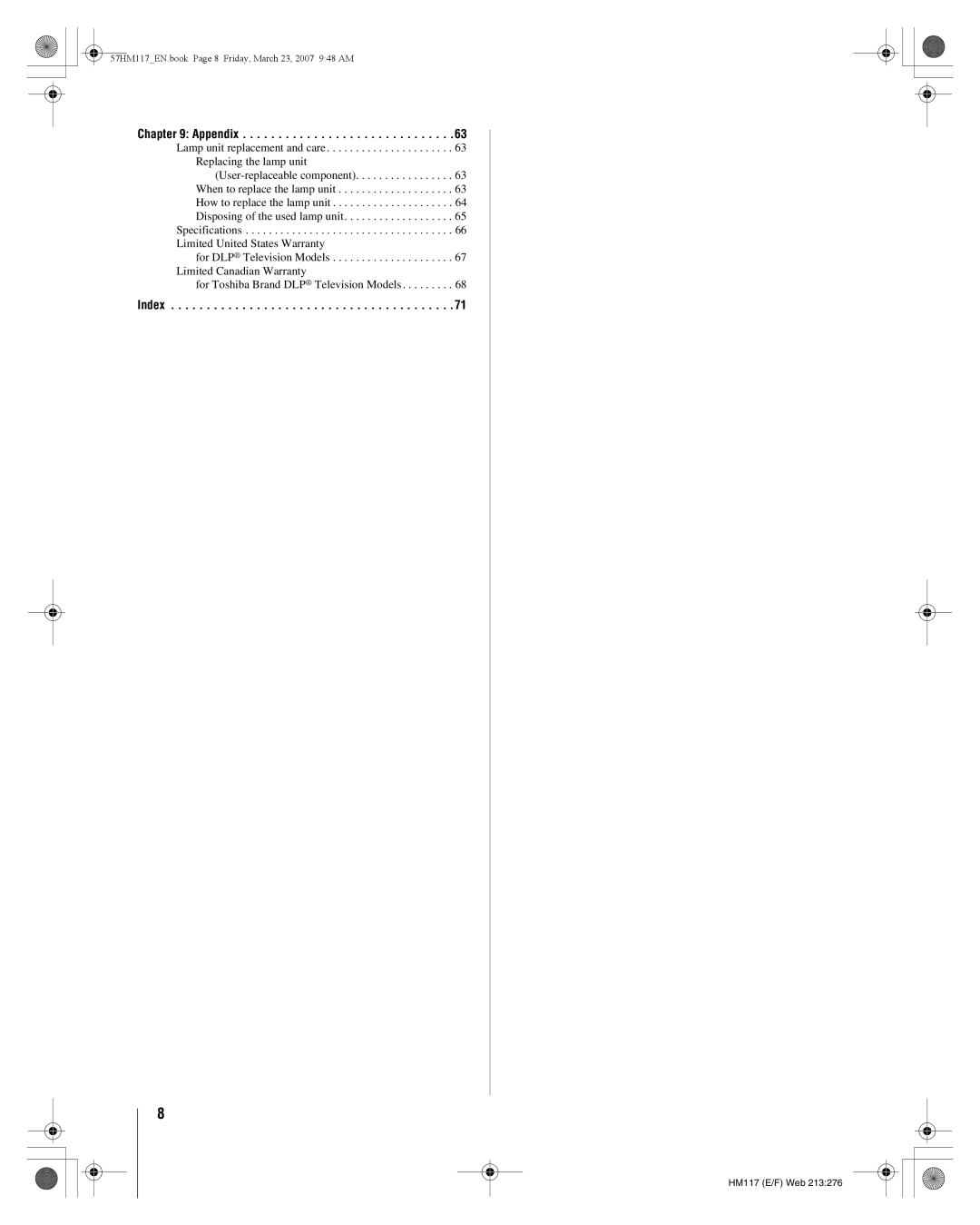 Toshiba 65HM117, 57HM117 manual Index 