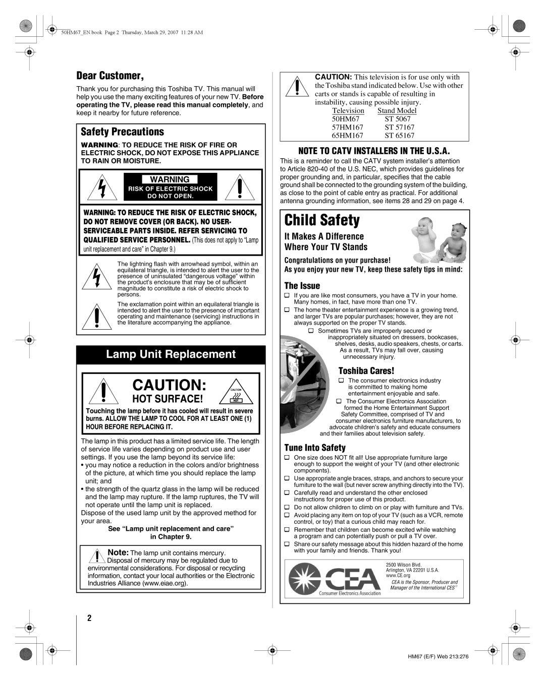 Toshiba manual Dear Customer, Safety Precautions, Television, 50HM67 57HM167 65HM167 