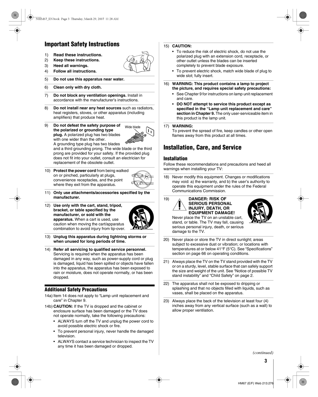 Toshiba 65HM167, 57HM167 Important Safety Instructions, Installation, Care, and Service, Additional Safety Precautions 