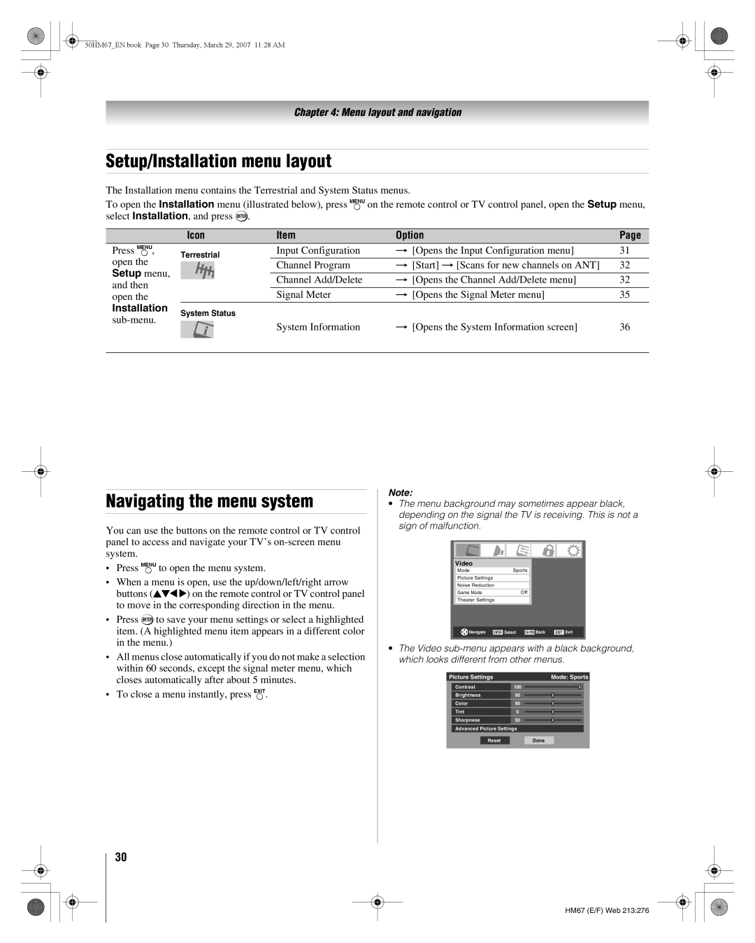 Toshiba 65HM167, 57HM167, 50HM67 manual Setup/Installation menu layout, Navigating the menu system, Press Y, Setup menu 