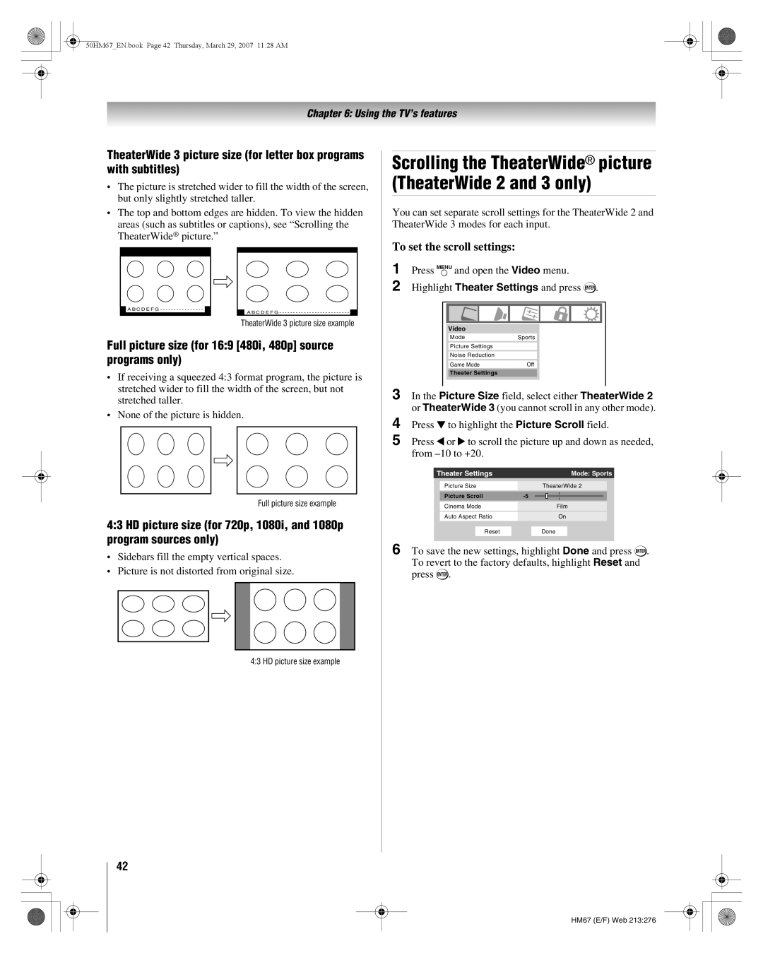 Toshiba 65HM167, 57HM167, 50HM67 manual Full picture size for 169 480i, 480p source programs only, To set the scroll settings 