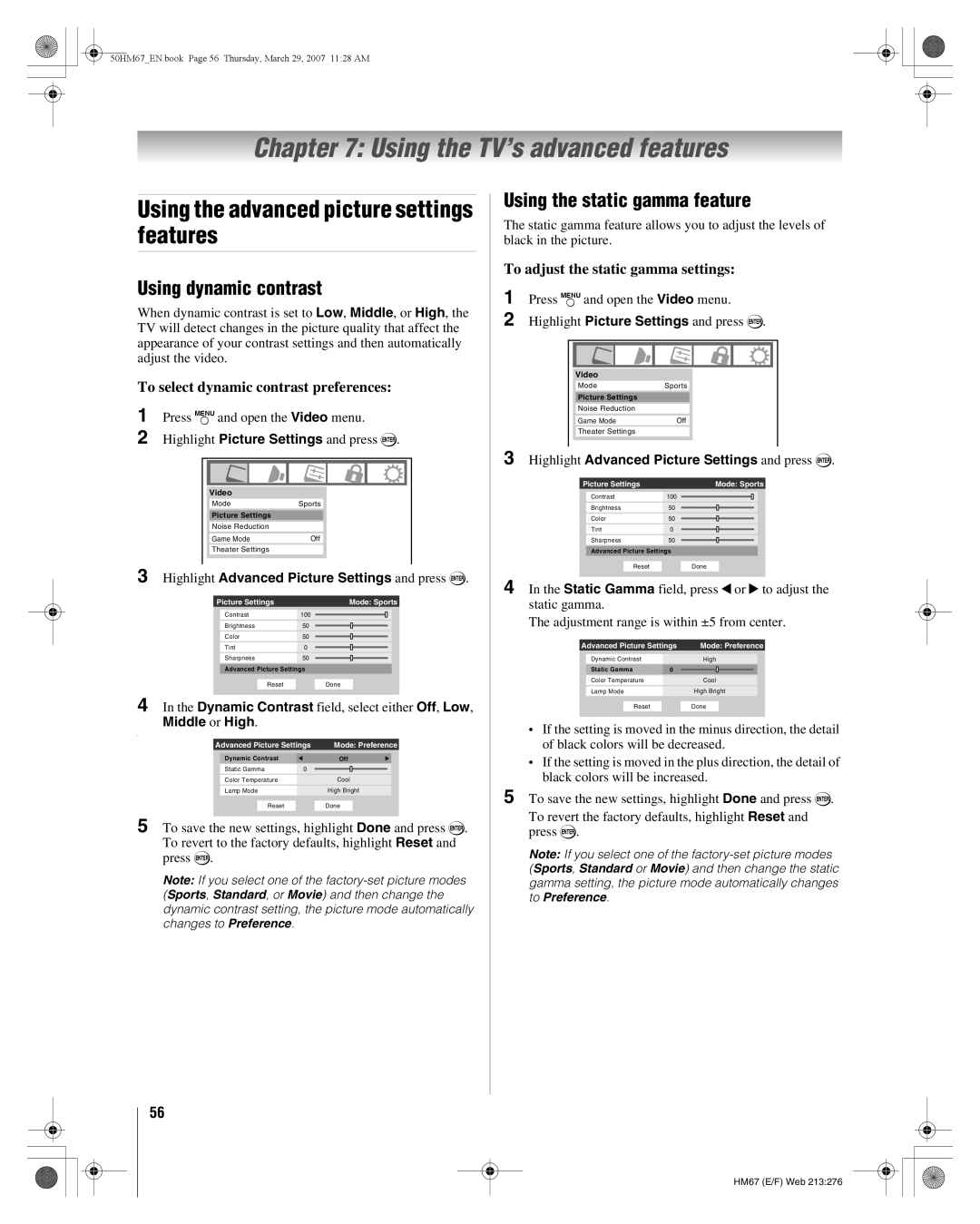 Toshiba 50HM67 Using the TV’s advanced features, Using the advanced picture settings features, Using dynamic contrast 