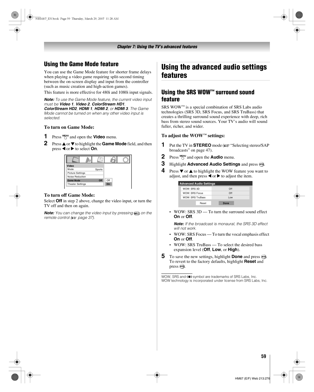 Toshiba 50HM67, 65HM167, 57HM167 manual Using the advanced audio settings features, Using the Game Mode feature 