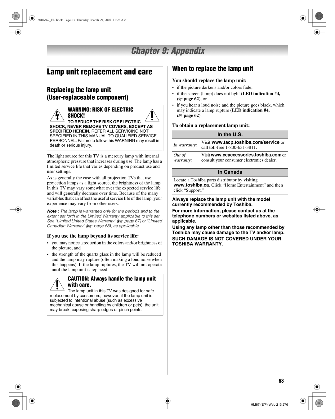 Toshiba 65HM167, 57HM167, 50HM67 manual Appendix, Lamp unit replacement and care, When to replace the lamp unit, Canada 