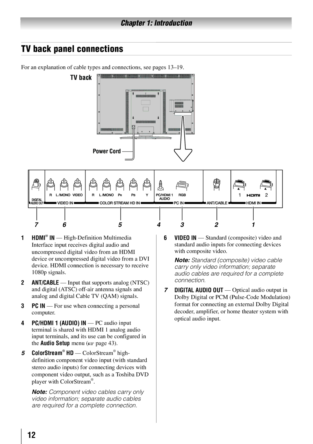 Toshiba 65HT2U owner manual TV back panel connections, Power Cord, 3無 PC in For use when connecting a personal computer 