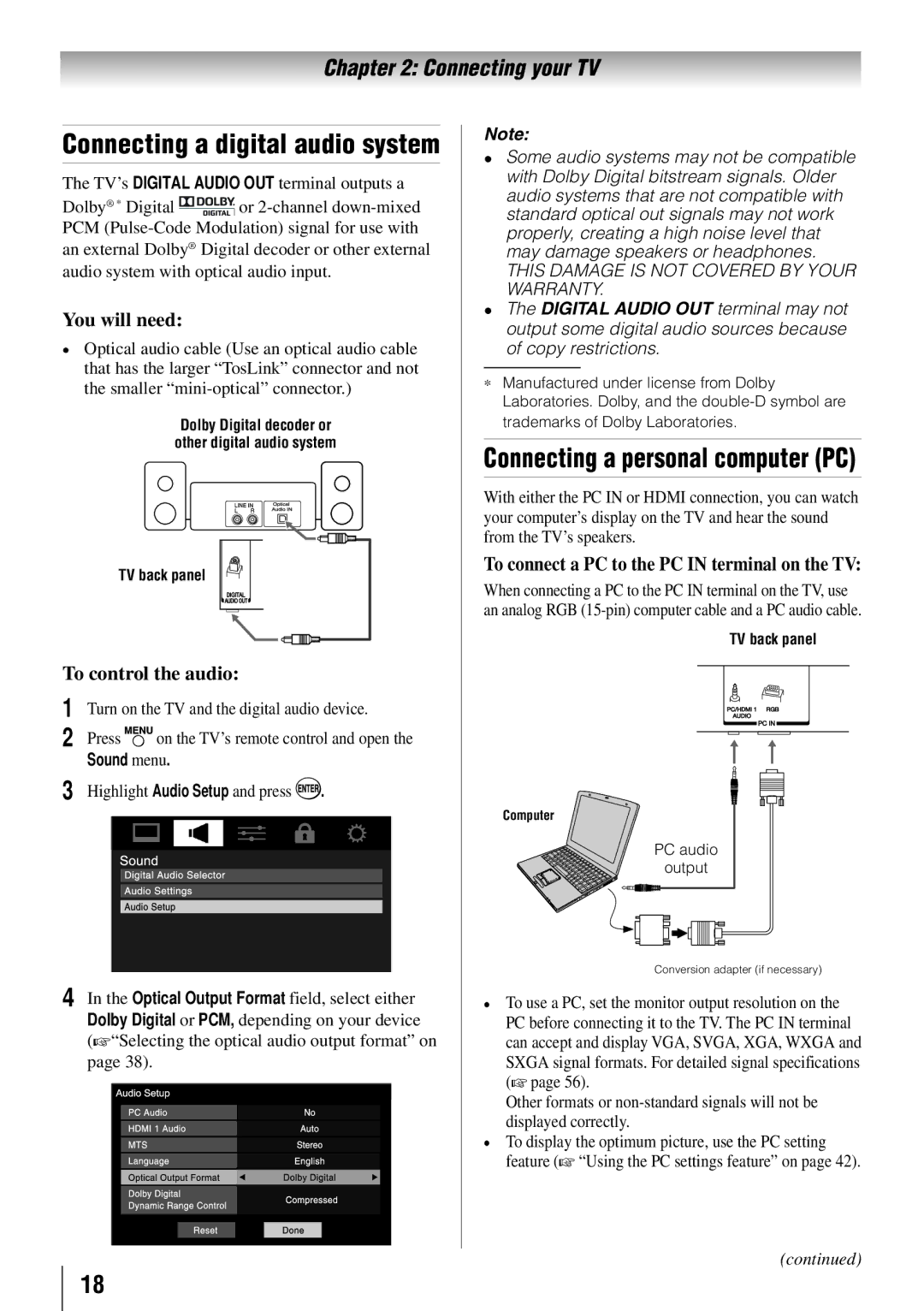 Toshiba 65HT2U Connecting a digital audio system, Connecting a personal computer PC, To control the audio, Sound menu 