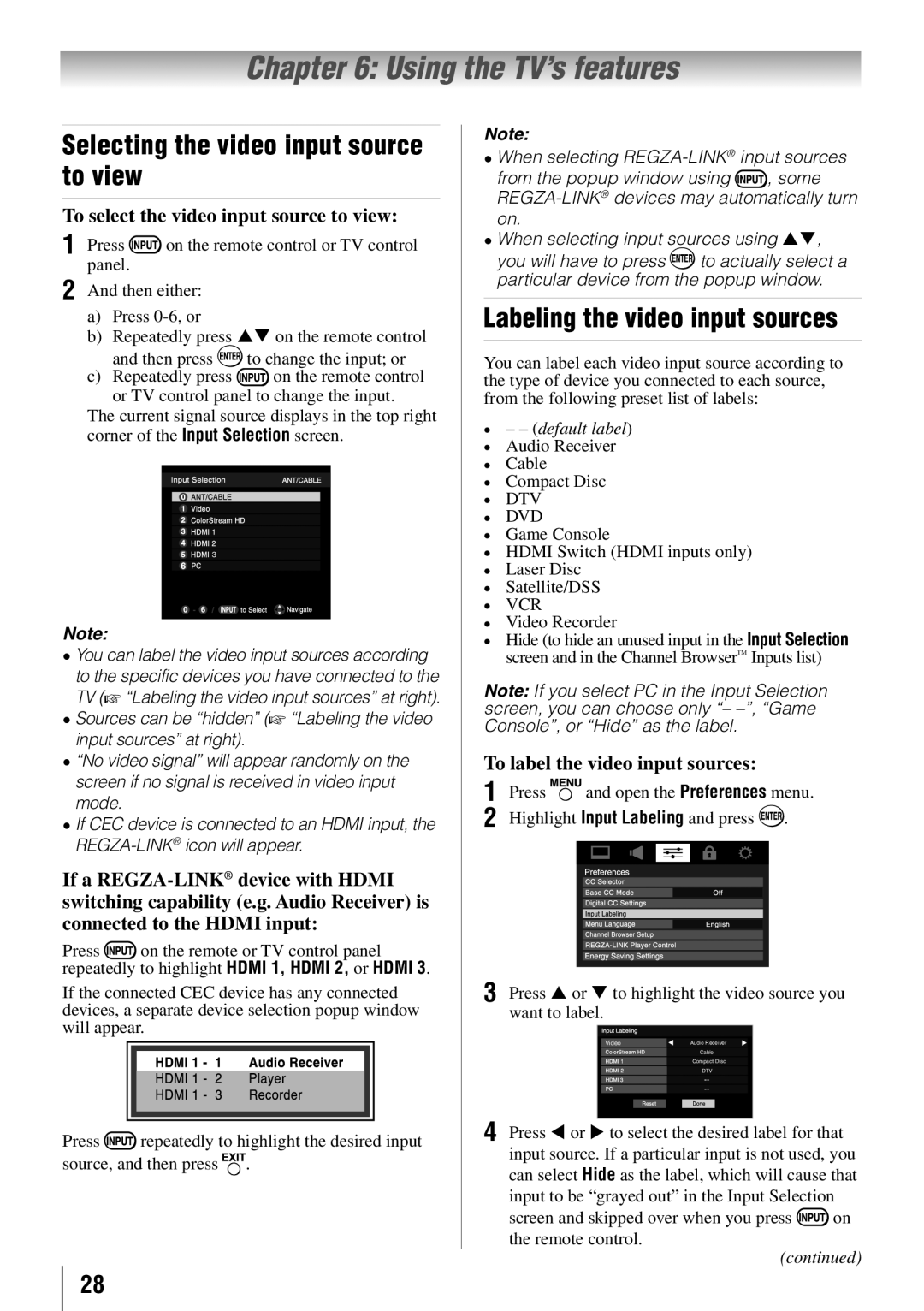 Toshiba 65HT2U Using the TV’s features, Selecting the video input source to view, Labeling the video input sources 