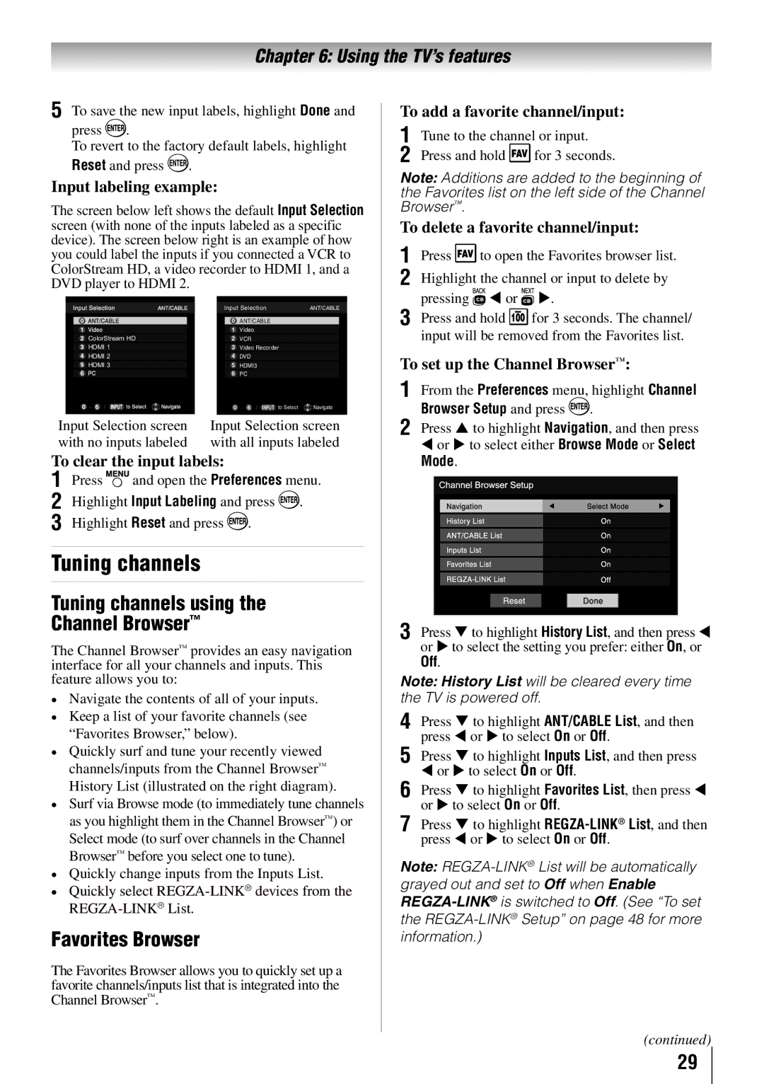 Toshiba 65HT2U owner manual Tuning channels using Channel Browser, Favorites Browser 