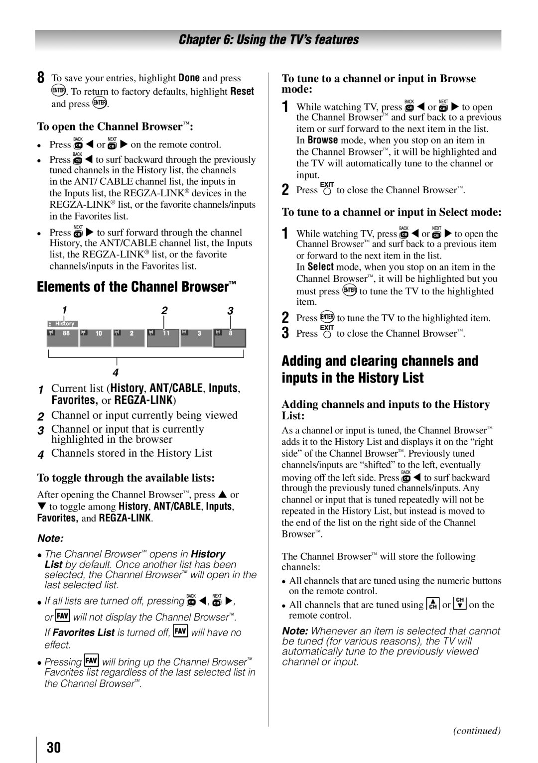 Toshiba 65HT2U owner manual Elements of the Channel Browser, Adding and clearing channels and inputs in the History List 