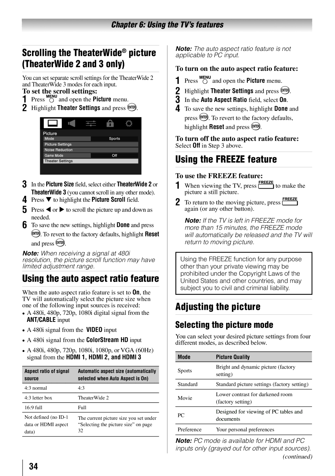 Toshiba 65HT2U owner manual Using the Freeze feature, Adjusting the picture, Using the auto aspect ratio feature 