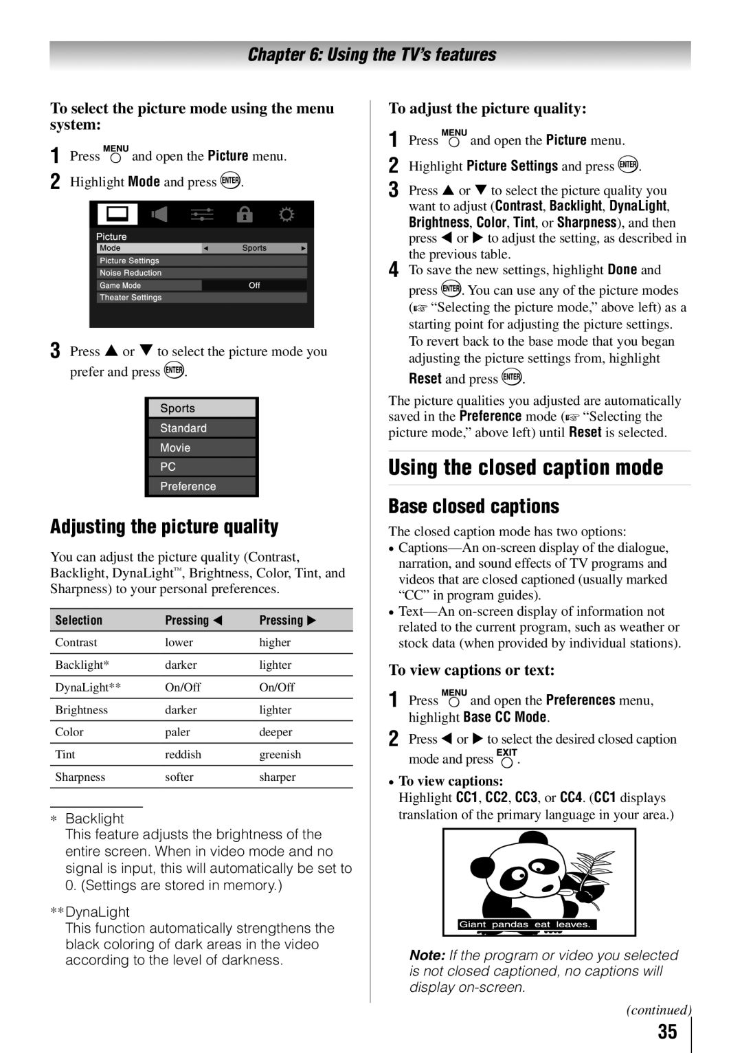 Toshiba 65HT2U owner manual Using the closed caption mode, Adjusting the picture quality, Base closed captions 