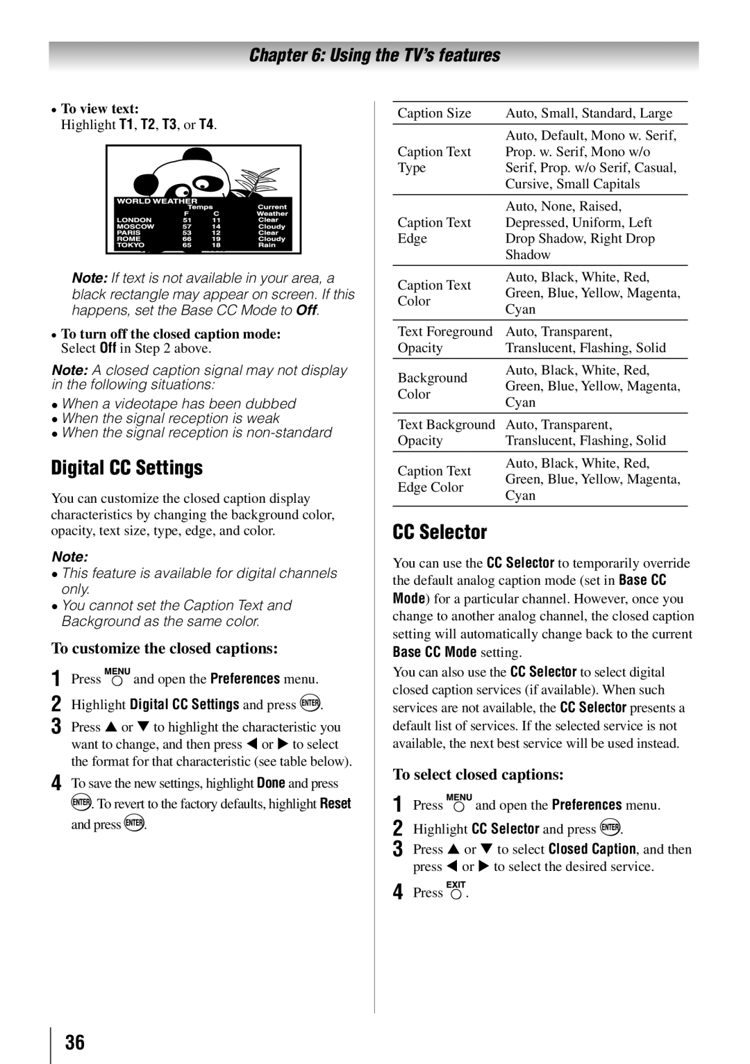 Toshiba 65HT2U owner manual Digital CC Settings, CC Selector, To customize the closed captions, To select closed captions 