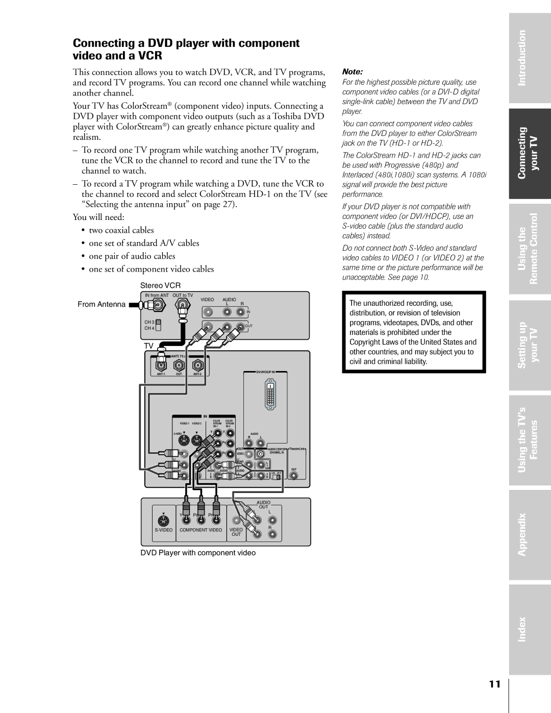 Toshiba 46HX83, 65HX83, 57HX83 Connecting a DVD player with component video and a VCR, Setting your, UsingtheTVÕs Features 