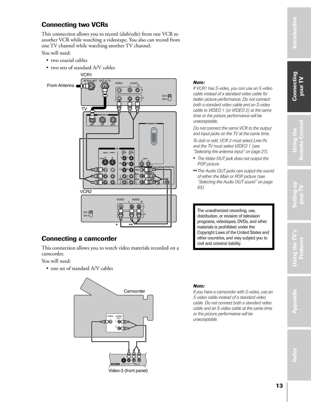 Toshiba 57HX83, 65HX83, 51HX83, 46HX83 Connecting two VCRs, Connecting a camcorder, Introduction, Connecting yourTV 