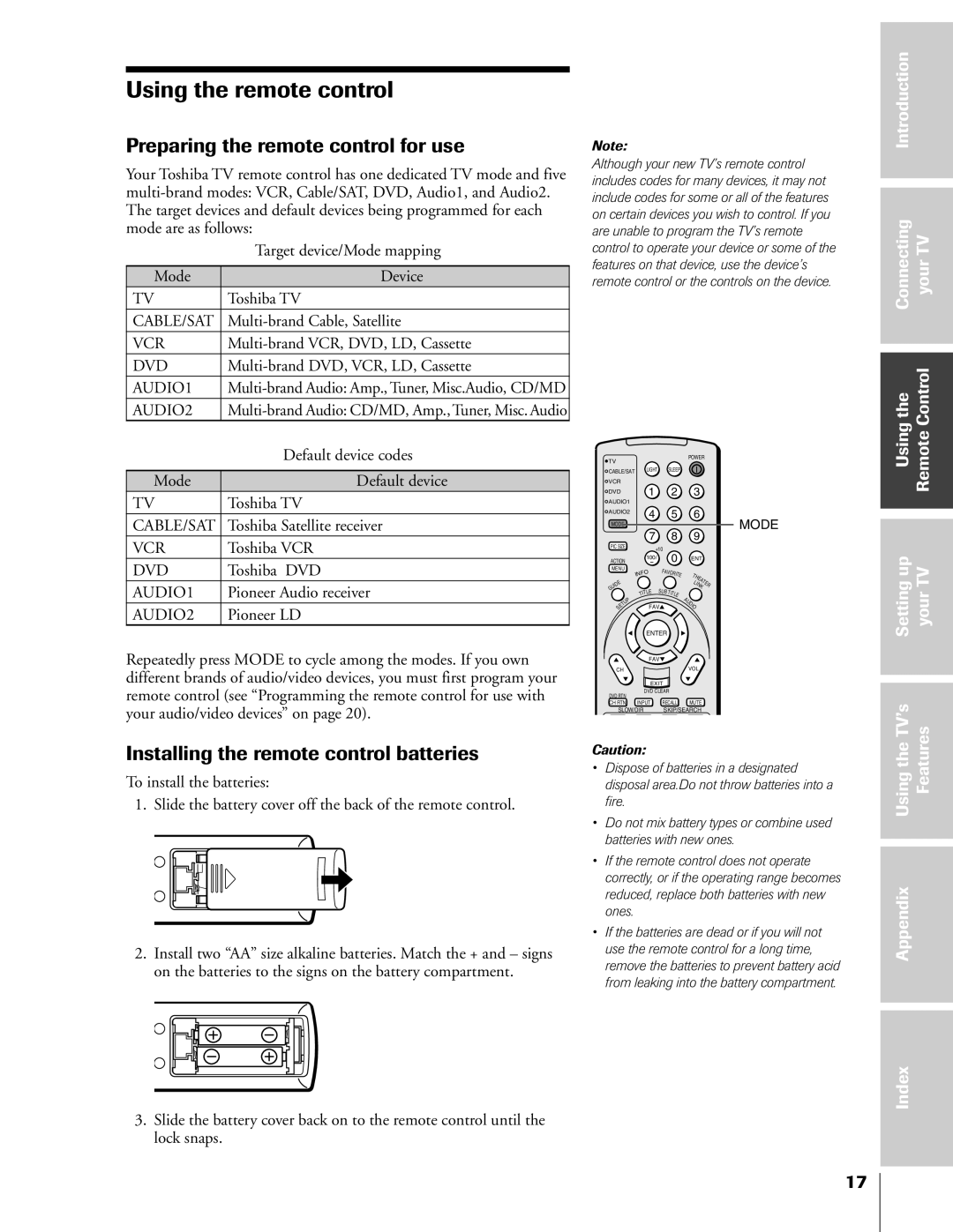 Toshiba 57HX83, 65HX83, 51HX83, 46HX83 Preparing the remote control for use, Installing the remote control batteries 