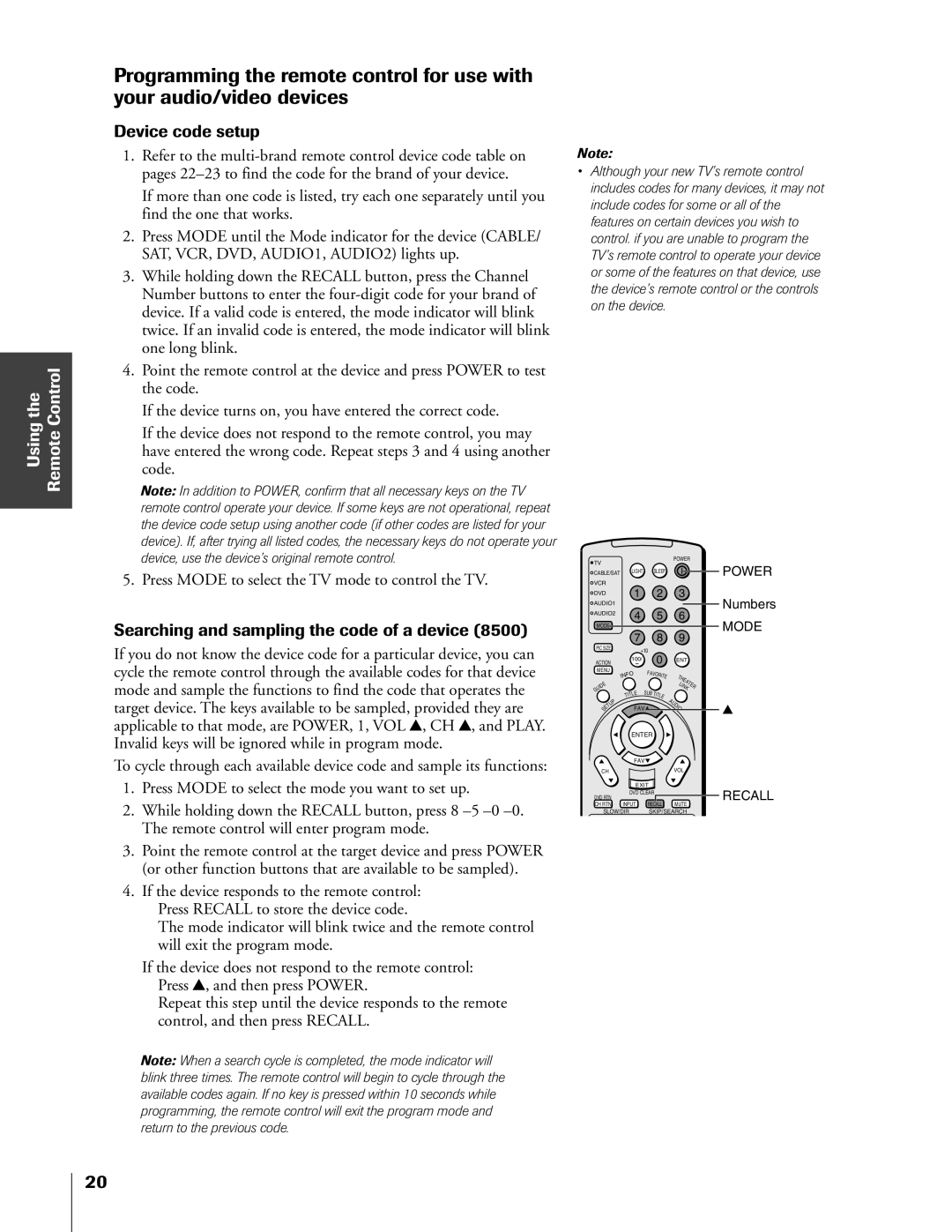 Toshiba 65HX83, 57HX83, 51HX83, 46HX83 owner manual Device code setup, Searching and sampling the code of a device 