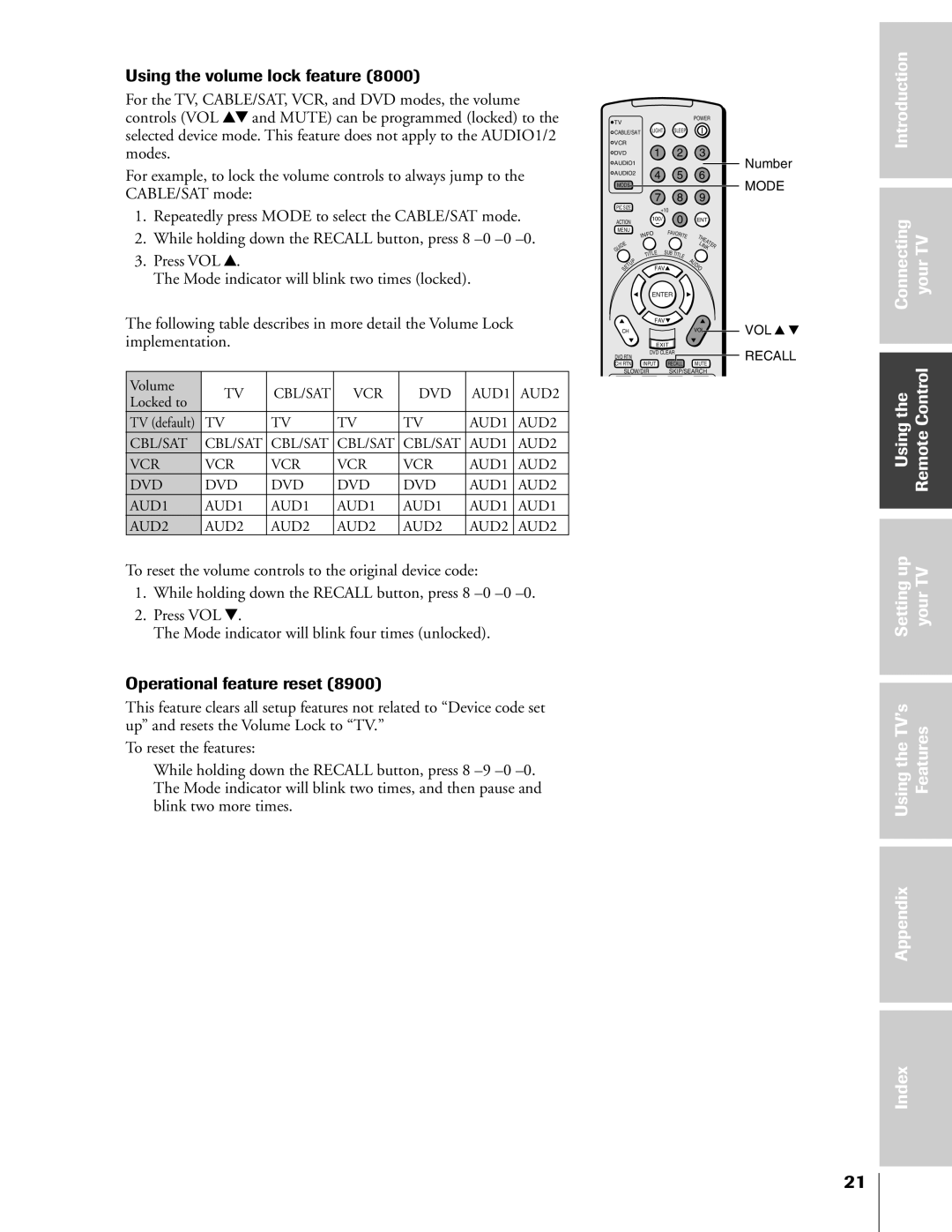 Toshiba 57HX83, 65HX83, 51HX83, 46HX83 owner manual Using the volume lock feature, Operational feature reset, Appendix Index 