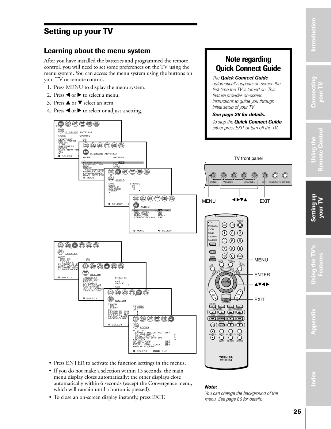 Toshiba 57HX83, 65HX83, 51HX83, 46HX83 owner manual Learning about the menu system, Settingup yourTV 