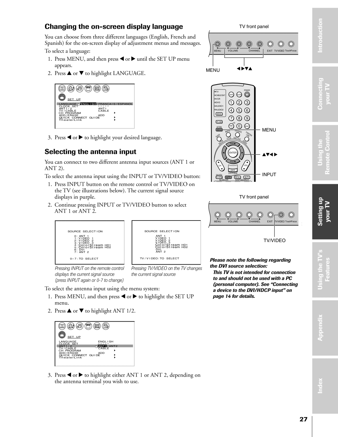 Toshiba 46HX83, 65HX83 Changing the on-screen display language, Selecting the antenna input, Connecting Your Control 