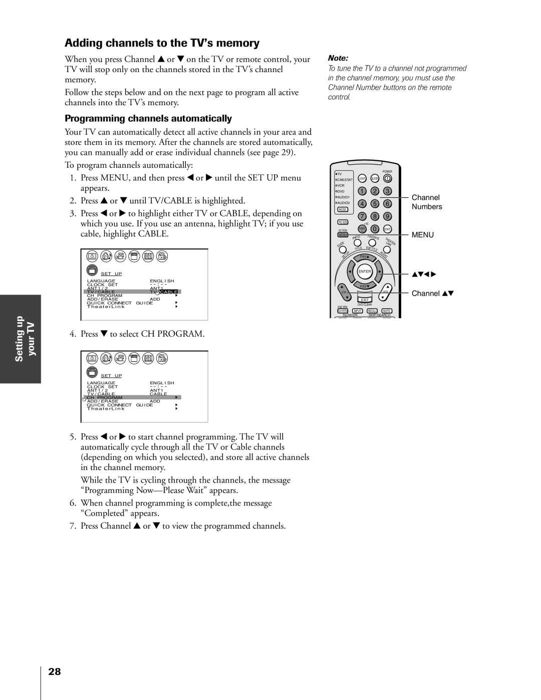 Toshiba 65HX83 Adding channels to the TVÕs memory, Programming channels automatically, To program channels automatically 