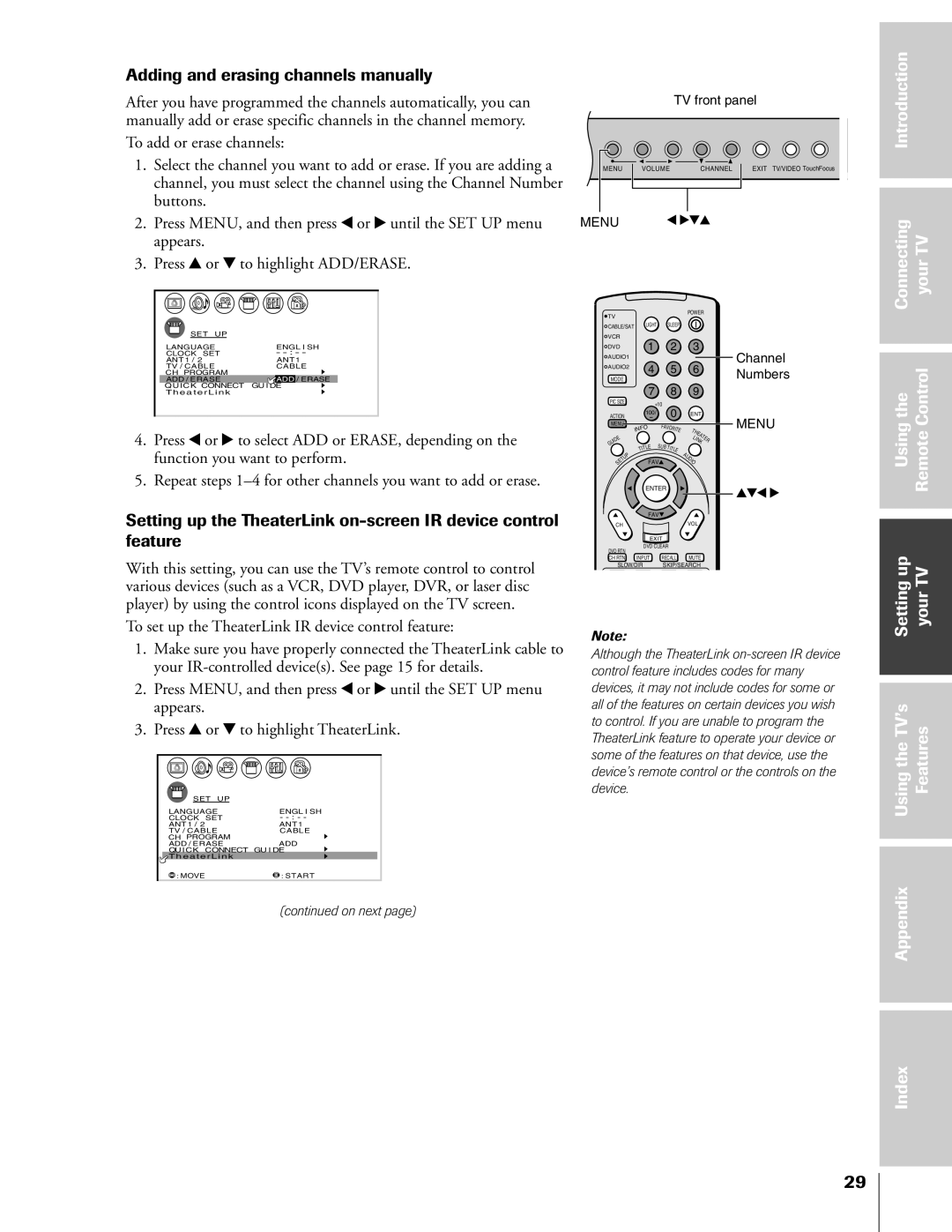 Toshiba 57HX83, 65HX83, 51HX83, 46HX83 owner manual Adding and erasing channels manually, Introduction Connecting YourTV 