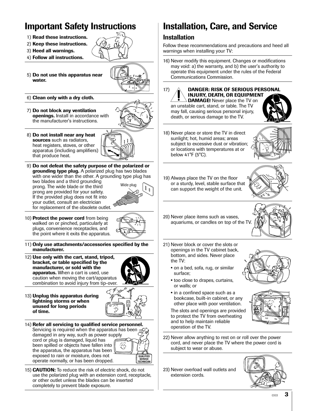 Toshiba 46HX83, 65HX83, 57HX83, 51HX83 owner manual Important Safety Instructions, Installation 