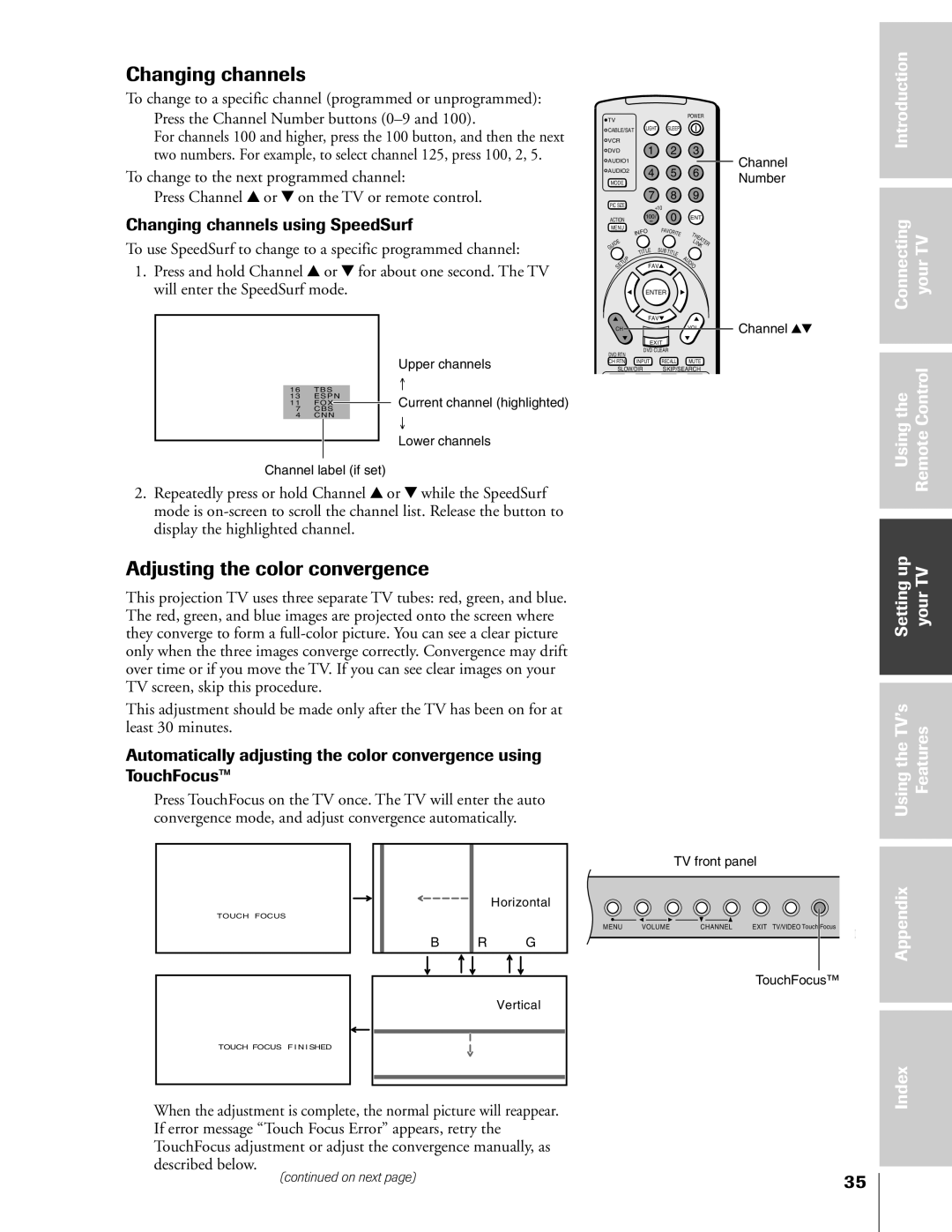 Toshiba 46HX83, 65HX83, 57HX83, 51HX83 owner manual Adjusting the color convergence, Changing channels using SpeedSurf 