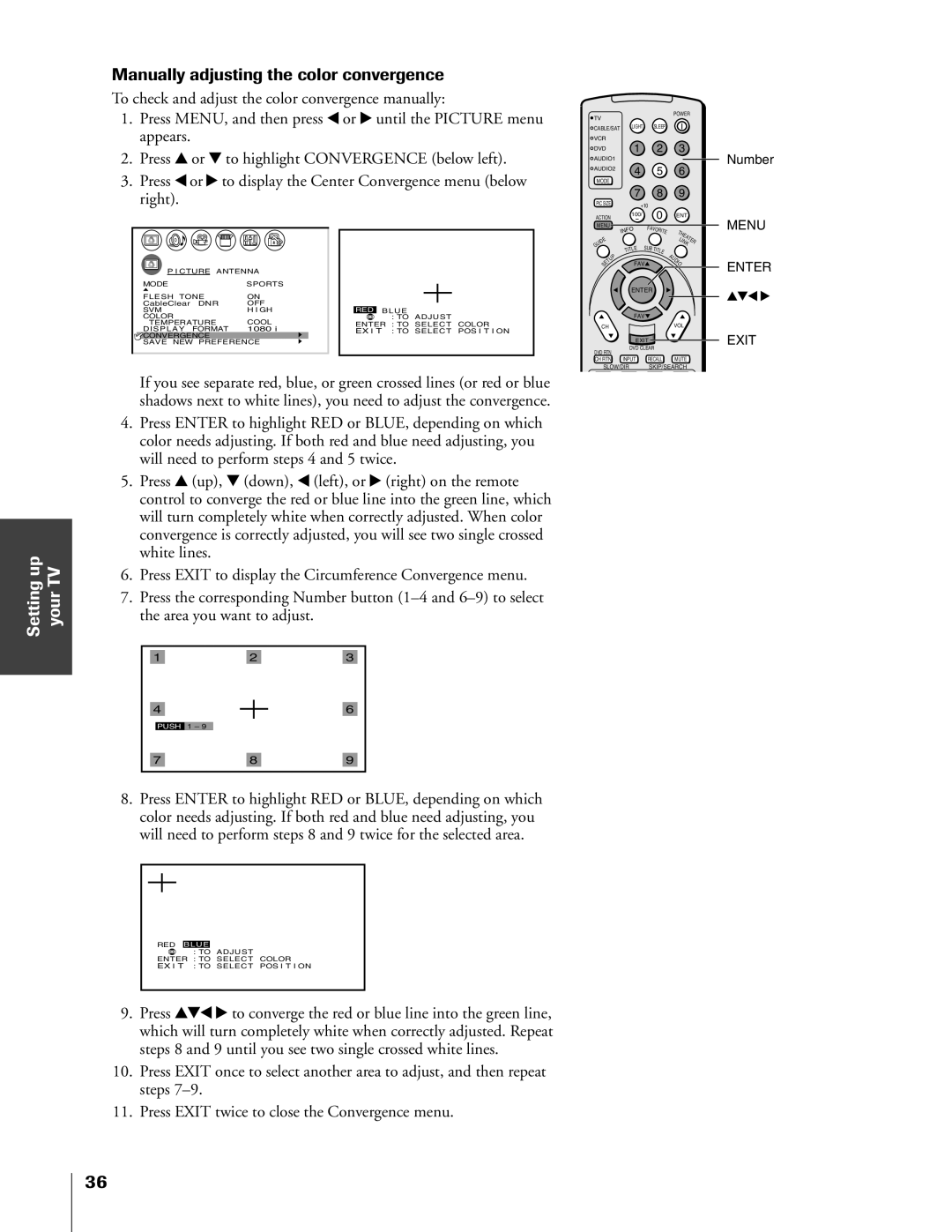 Toshiba 65HX83, 57HX83, 51HX83, 46HX83 owner manual Manually adjusting the color convergence, Number 