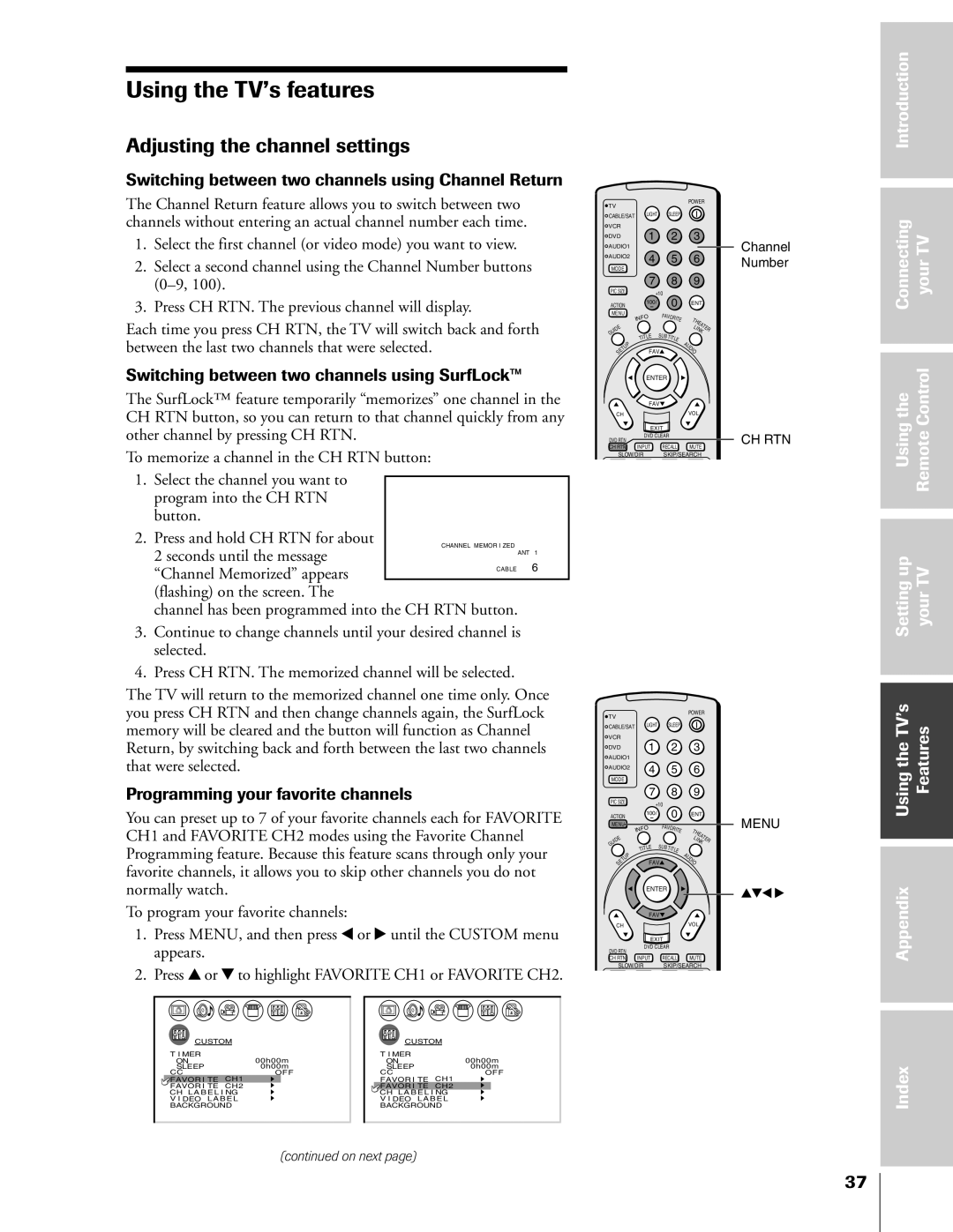 Toshiba 57HX83, 65HX83, 51HX83, 46HX83 Adjusting the channel settings, Switching between two channels using Channel Return 