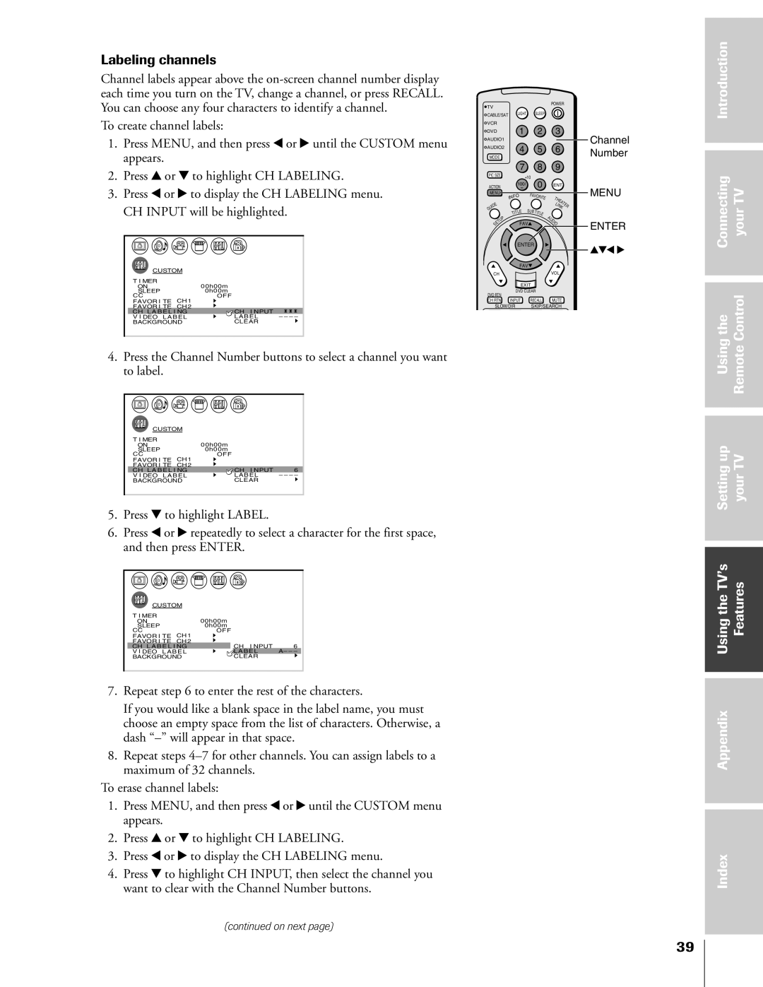 Toshiba 46HX83, 65HX83, 57HX83, 51HX83 owner manual Labeling channels 