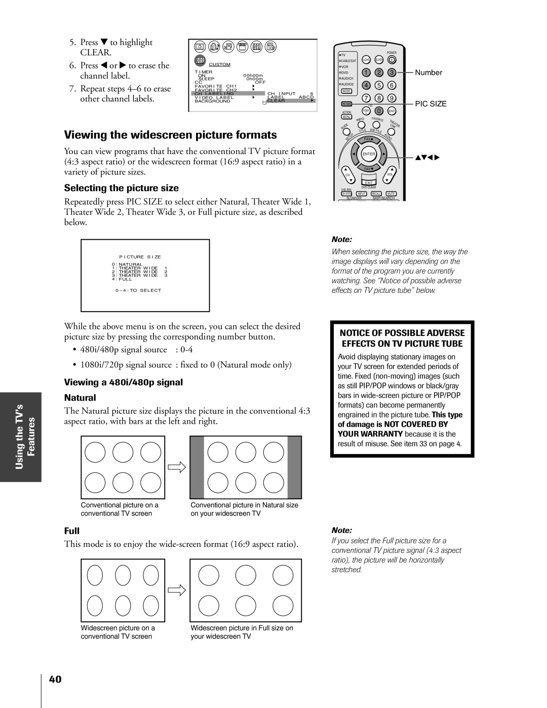 Toshiba 65HX83, 57HX83, 51HX83 Viewing the widescreen picture formats, Selecting the picture size, Press z to highlight 