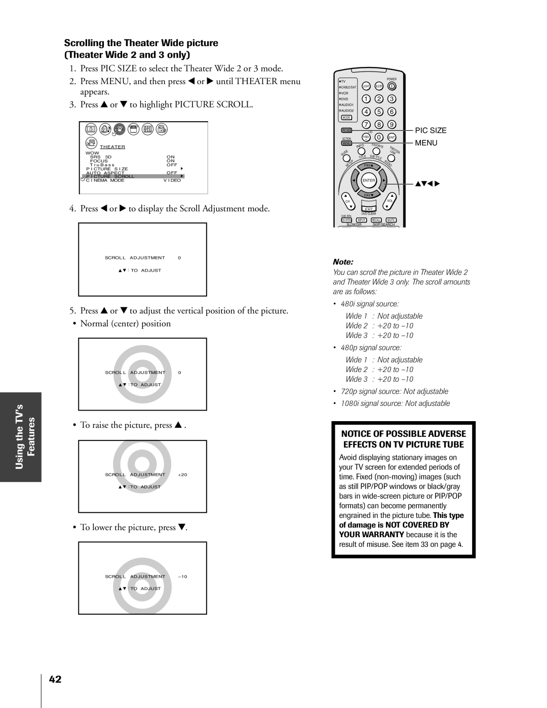 Toshiba 51HX83, 65HX83, 57HX83, 46HX83 Press x or to display the Scroll Adjustment mode, ¥ To raise the picture, press y 