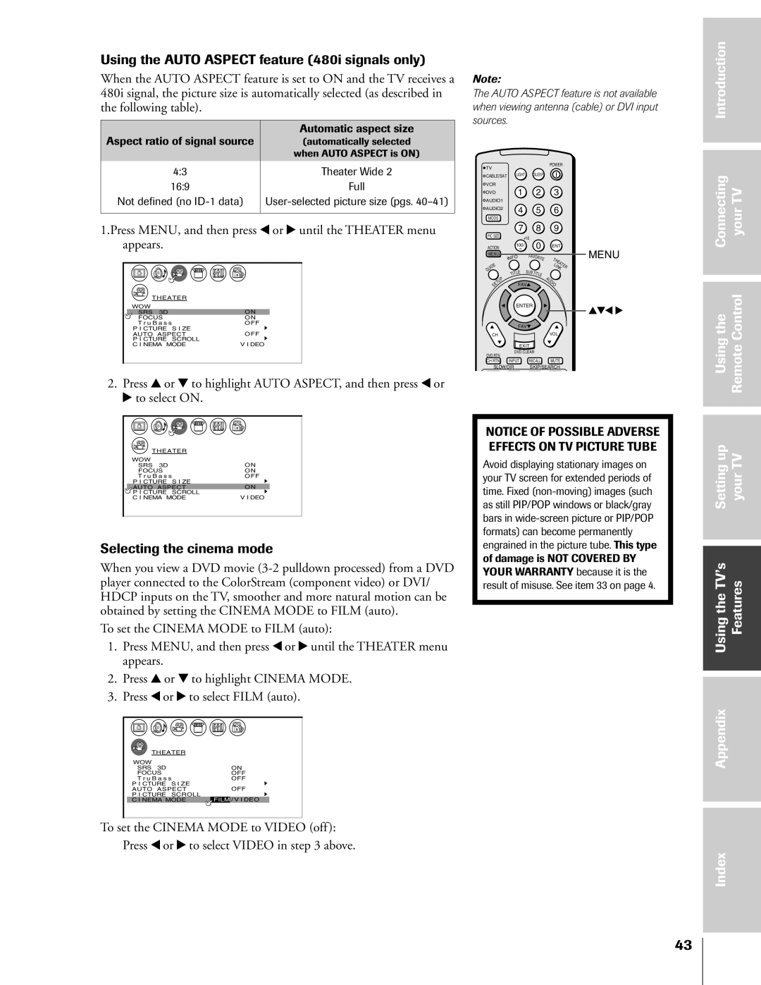 Toshiba 46HX83, 65HX83, 57HX83, 51HX83 owner manual Using the Auto Aspect feature 480i signals only, Selecting the cinema mode 