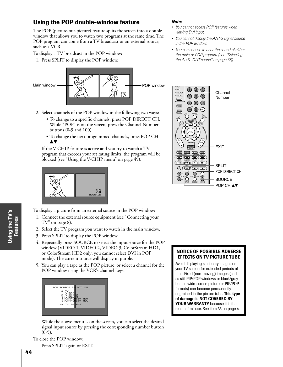 Toshiba 65HX83, 57HX83, 51HX83, 46HX83 owner manual Using the POP double-window feature, Using the TV’s Features, Buttons 0-9 