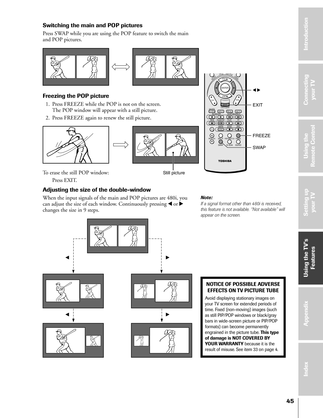 Toshiba 57HX83 Switching the main and POP pictures, Freezing the POP picture, Connecting YourTV Usingthe RemoteControl 