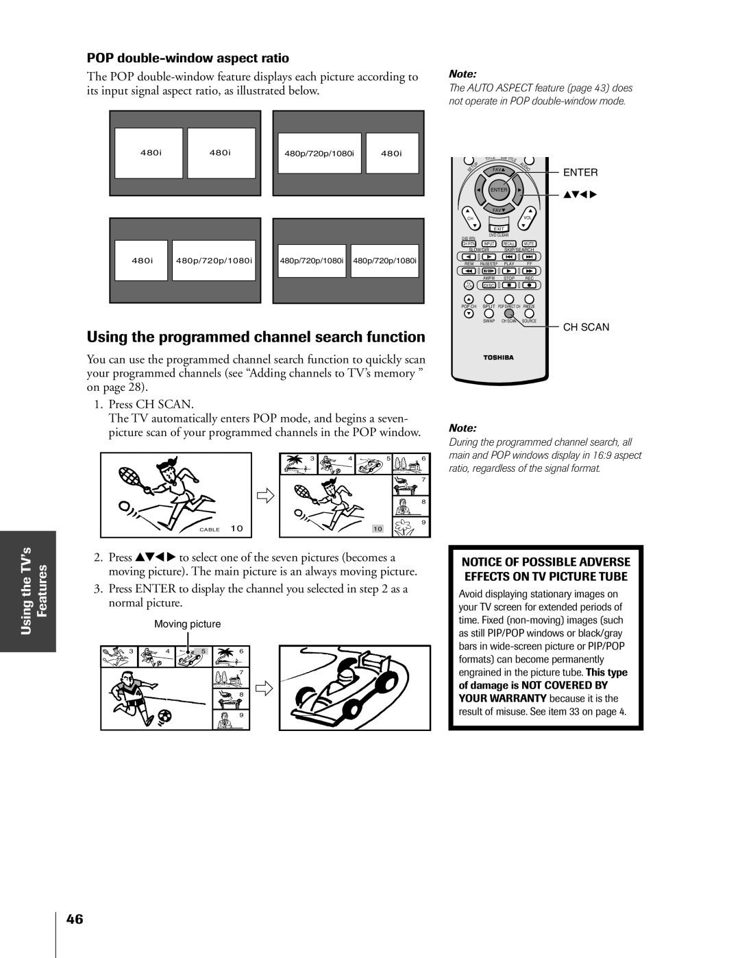 Toshiba 51HX83, 65HX83, 57HX83, 46HX83 Using the programmed channel search function, POP double-window aspect ratio 