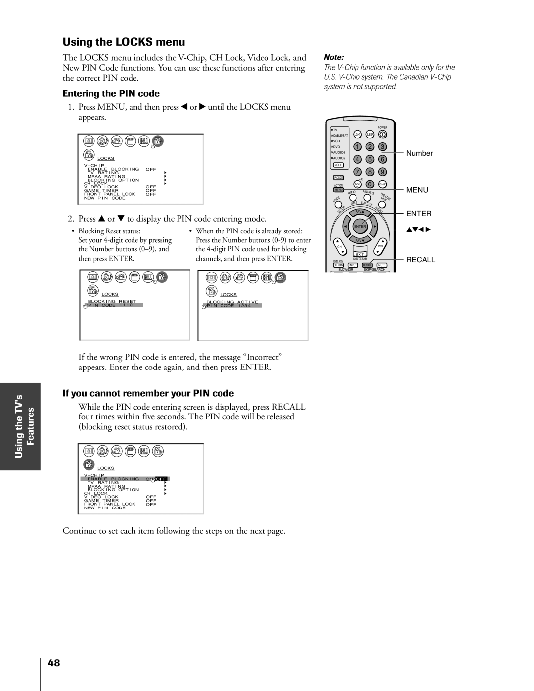 Toshiba 65HX83, 57HX83, 51HX83, 46HX83 Using the Locks menu, Entering the PIN code, If you cannot remember your PIN code 