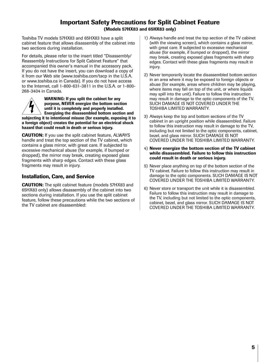 Toshiba 57HX83, 65HX83, 51HX83, 46HX83 owner manual Important Safety Precautions for Split Cabinet Feature 