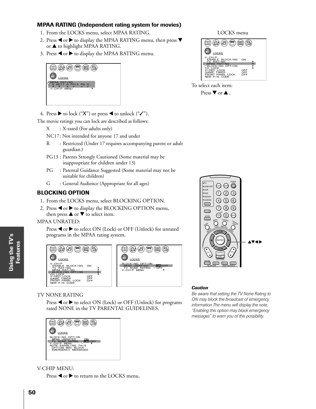 Toshiba 51HX83, 65HX83, 57HX83 Mpaa Rating Independent rating system for movies, Press x or to return to the Locks menu 