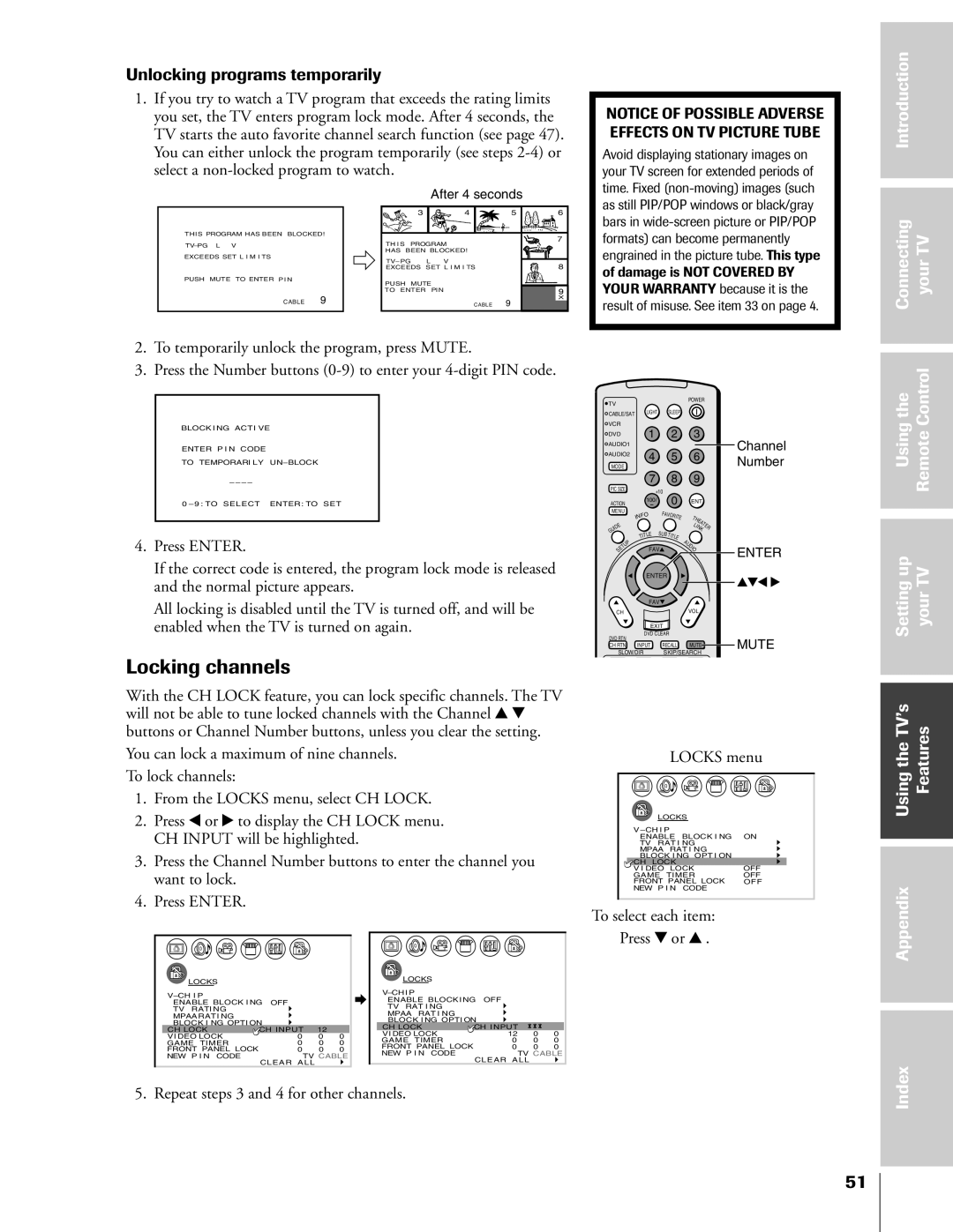 Toshiba 46HX83, 65HX83, 57HX83, 51HX83 owner manual Locking channels, Unlocking programs temporarily, To select each item 