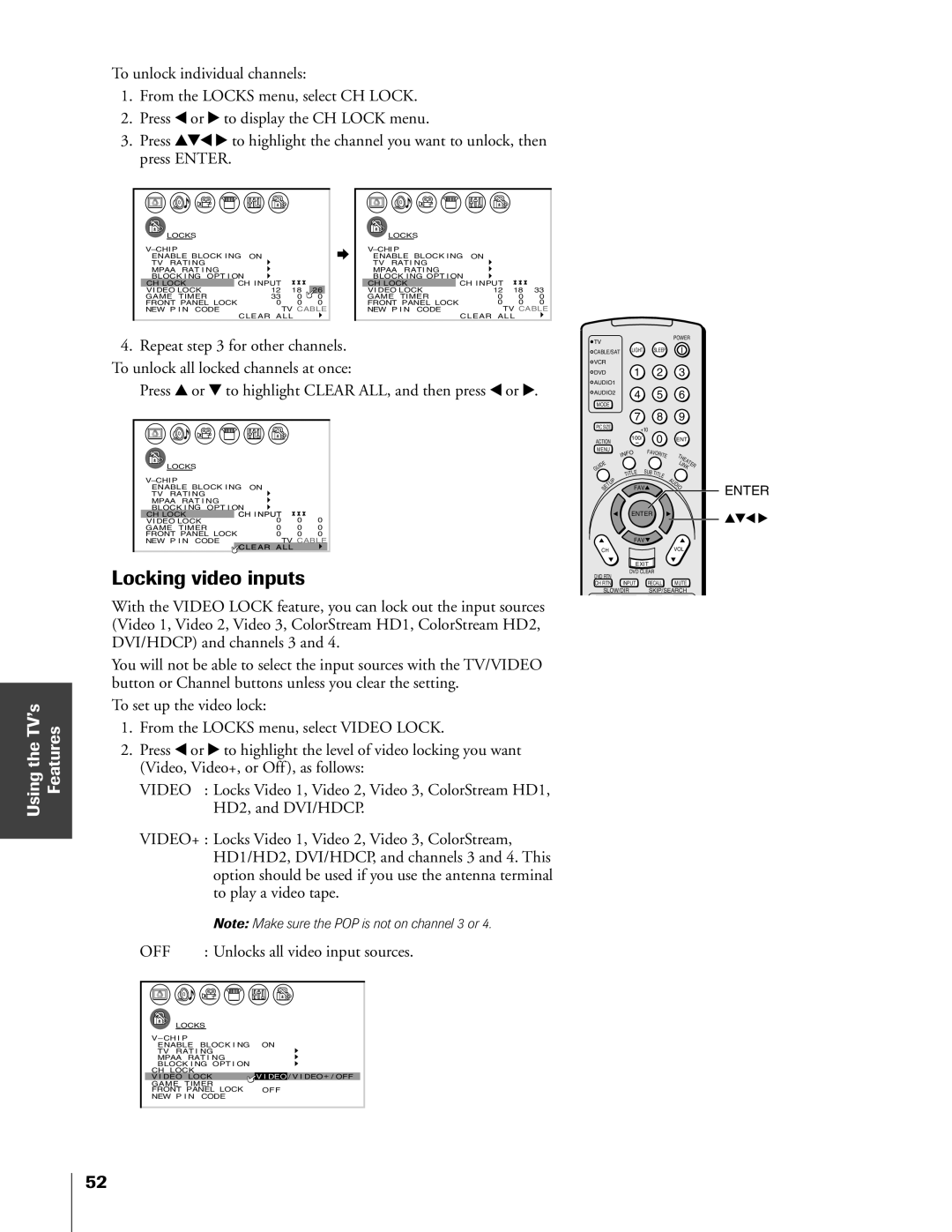 Toshiba 65HX83, 57HX83, 51HX83, 46HX83 Locking video inputs, Press y or z to highlight Clear ALL, and then press x or 