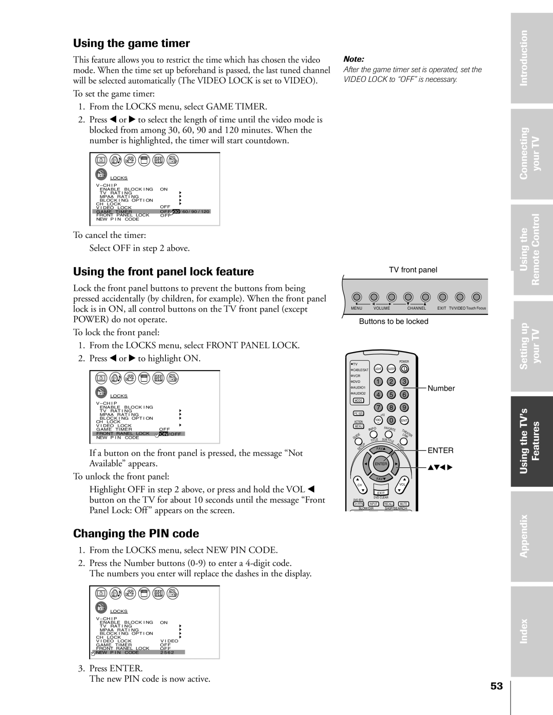 Toshiba 57HX83, 65HX83, 51HX83, 46HX83 Using the game timer, Using the front panel lock feature, Changing the PIN code 