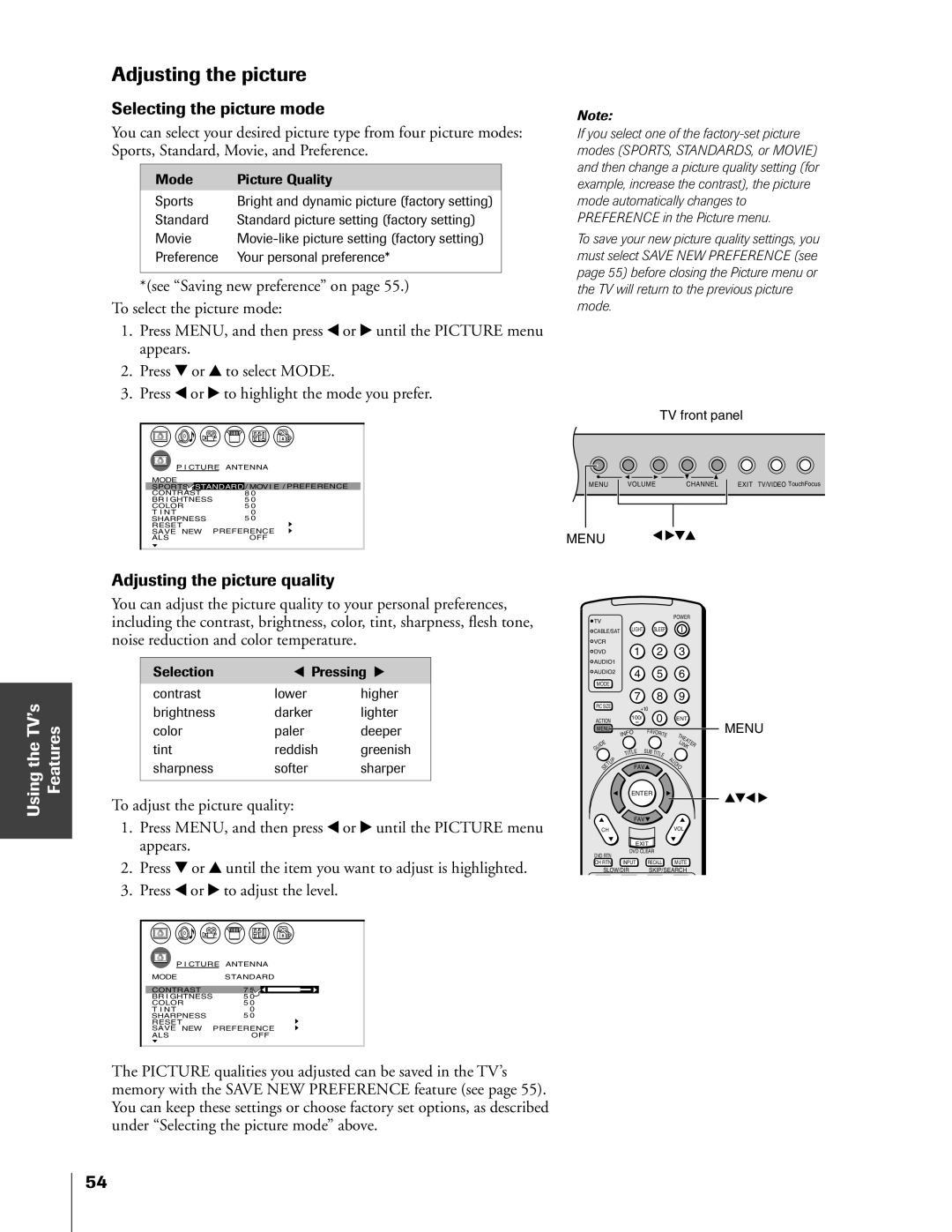 Toshiba 51HX83, 65HX83, 57HX83, 46HX83 owner manual Selecting the picture mode, Adjusting the picture quality 