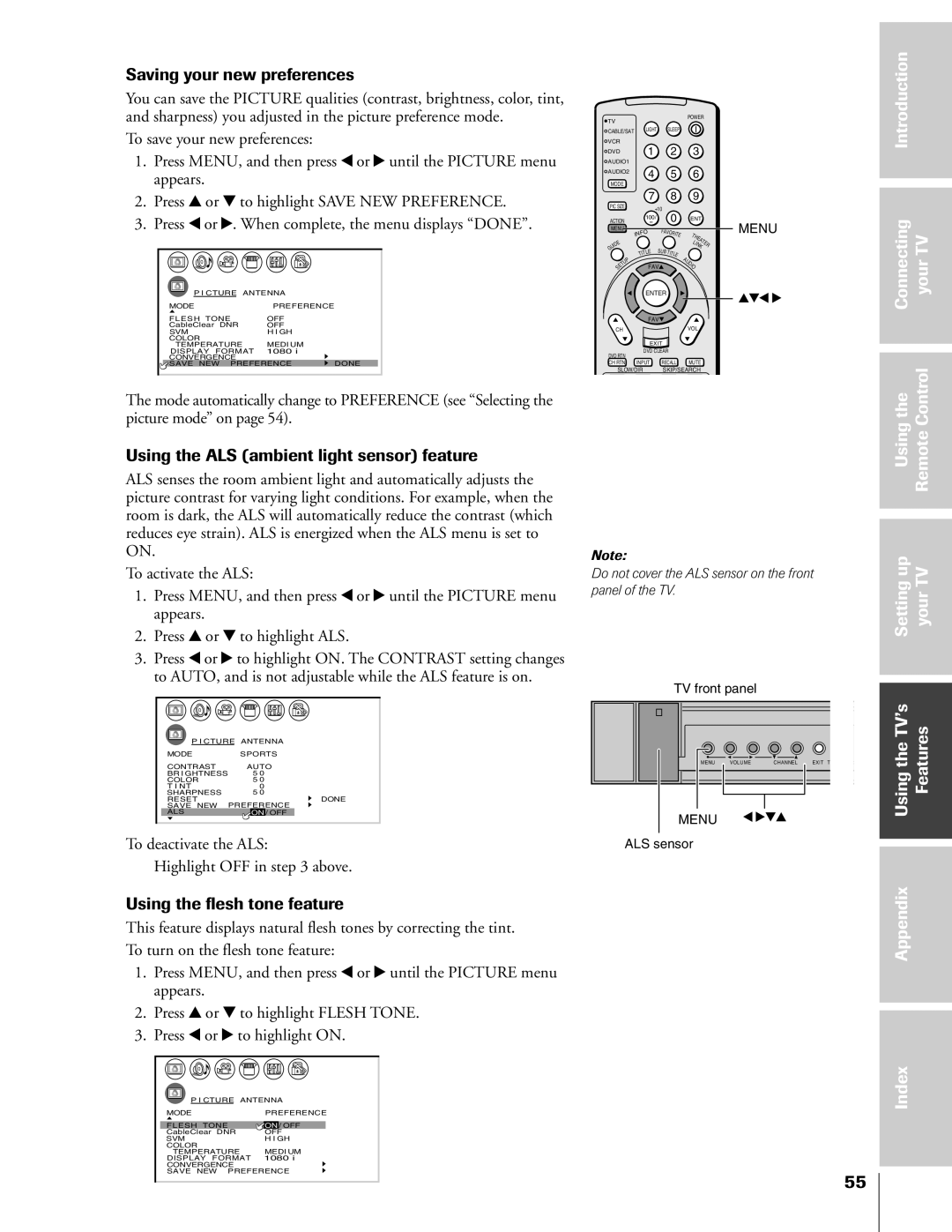 Toshiba 46HX83 Saving your new preferences, Introduction Connecting YourTV Usingthe Control, Using the flesh tone feature 