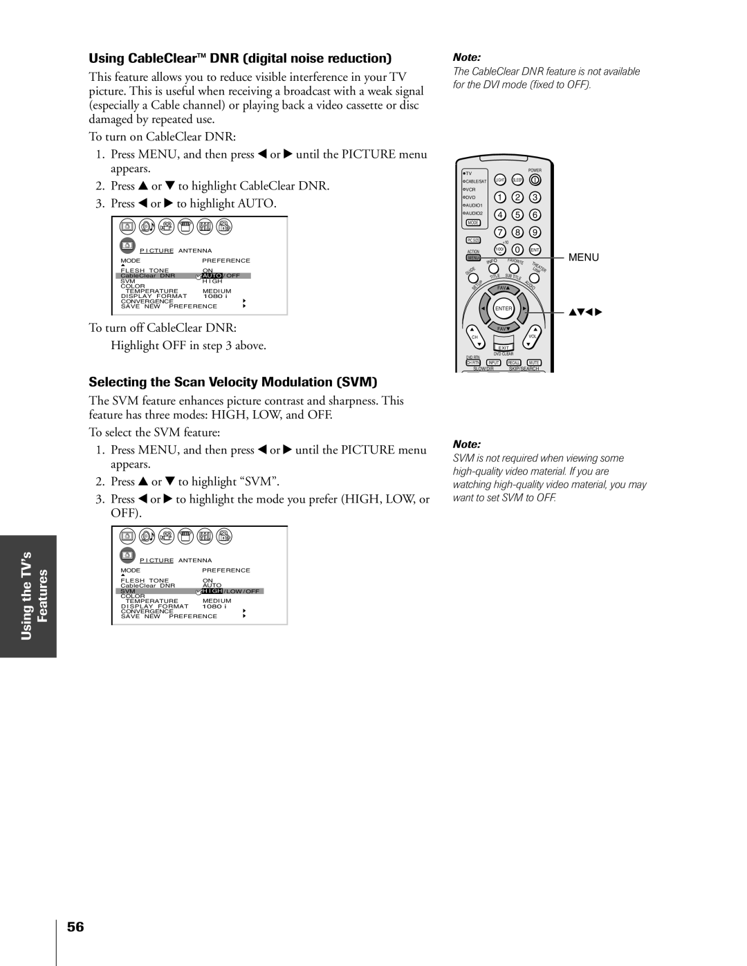 Toshiba 65HX83, 57HX83, 51HX83, 46HX83 owner manual Selecting the Scan Velocity Modulation SVM, To turn off CableClear DNR 