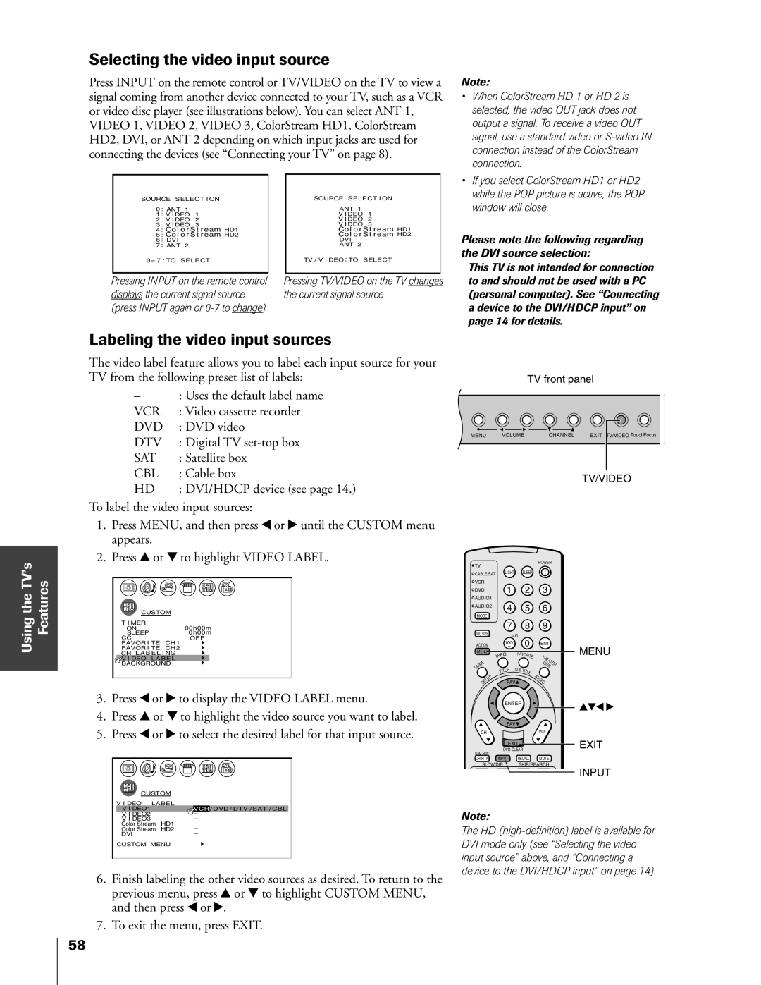 Toshiba 51HX83, 65HX83, 57HX83, 46HX83 owner manual Selecting the video input source, Labeling the video input sources 