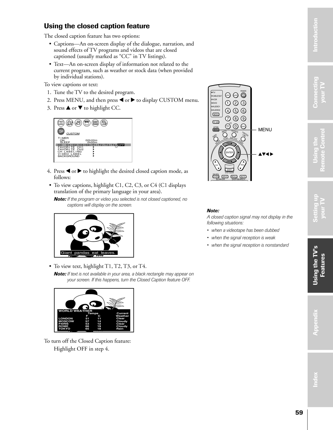 Toshiba 46HX83, 65HX83, 57HX83, 51HX83 Using the closed caption feature, ¥ To view text, highlight T1, T2, T3, or T4 